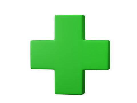 3D green plus icon isolated on transparent background PNG file format.
