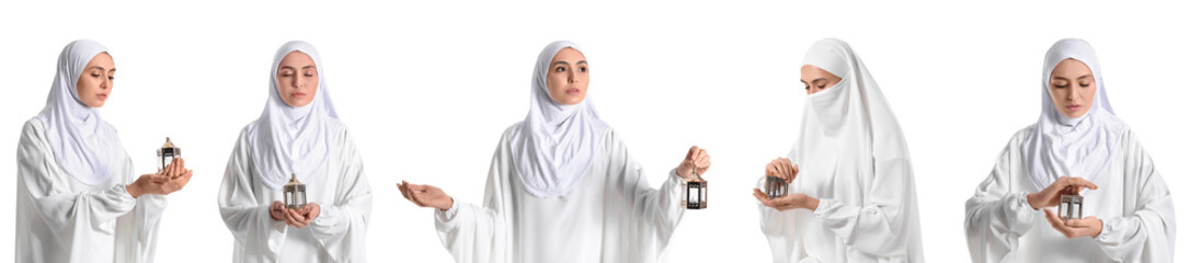 Collage of Muslim woman with Arabic lantern on white background