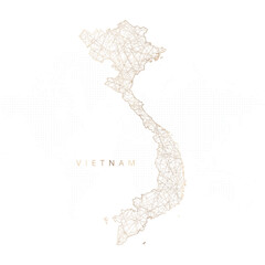 Low poly map of Vietnam. Gold polygonal wireframe. Glittering vector with gold particles on white background. Vector illustration eps 10.