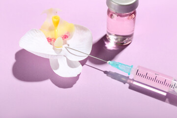Medical syringe, ampule with remedy and flower on pink background