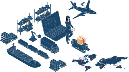 3D isometric Logistics and Delivery services concept with People delivering a box to a customer at home or office. Smart Logistics Business, Export and Import. Transparent PNG illustration