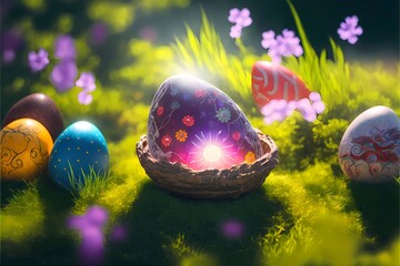 ultr arealistic photo of a easter eggs in a fairy tale forest