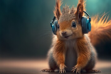 beautiful baby animal wearing headphones listening music