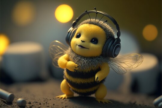 ultrarealistic illsutration of a baby bee wearing headphones