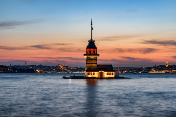 Sunset view of the Maiden's Tower in Istanbul, Turkey