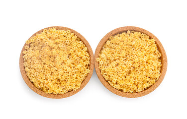 Plates of raw stelline pasta on white background