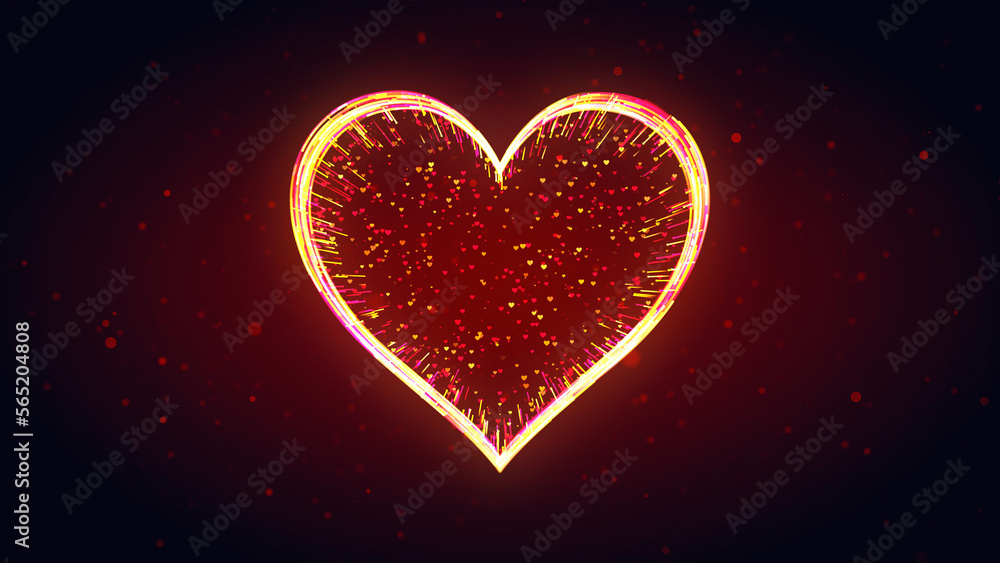 Poster red yellow shiny heart shape 3d lines effect with tiny hearts particles on dark red glitter dust bac