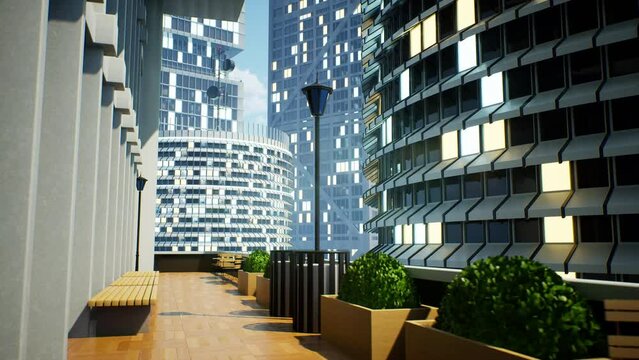 Modern urban landscape with skyscrapers buildings, futuristic graphic environment with aerial view. Downtown metropolis structure moving in 4k, seamless reflection at day time. 3d render animation.
