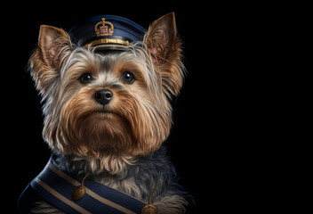 Yorkshire Terrier pet dog well groomed and dressed up in in navy uniform. Tiny Yorki puppy is wearing a blue hat and sash with a couple of buttons. Image on a dark background generative ai 