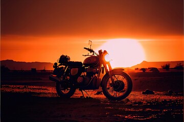 Plakat motorcycle on sunset background. Genarative AI