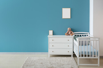 Stylish interior of children's room with baby bed