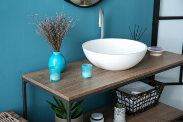 Modern sink in interior of stylish bathroom, closeup