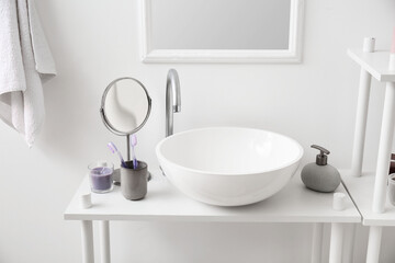Fototapeta na wymiar Modern sink in interior of stylish bathroom, closeup