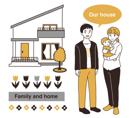 片流れの家に住む家族のイラスト