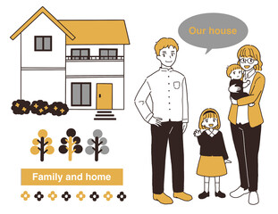 黄色い屋根の家に住む家族のイラスト