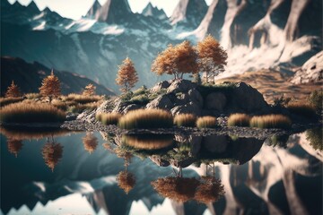 Mountain with lake in the morning. Genarative AI