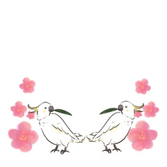 葉っぱを咥えるキバタンと梅の花