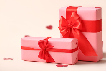 Stylish gift boxes on white background. Valentine's Day celebration