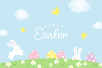 easter vector background with bunny, eggs and flowers for banners, cards, flyers, social media wallpapers, etc.