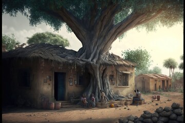 Fototapeta na wymiar Traditional house in the village under a Tree. genarative ai