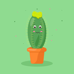 Beautiful kawaii cactus pot, great design for any purposes. White design. Cartoon vector illustration.