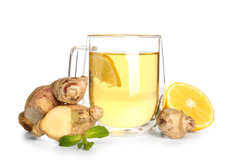 Fresh ginger roots, lemon and cup of tea isolated on white background