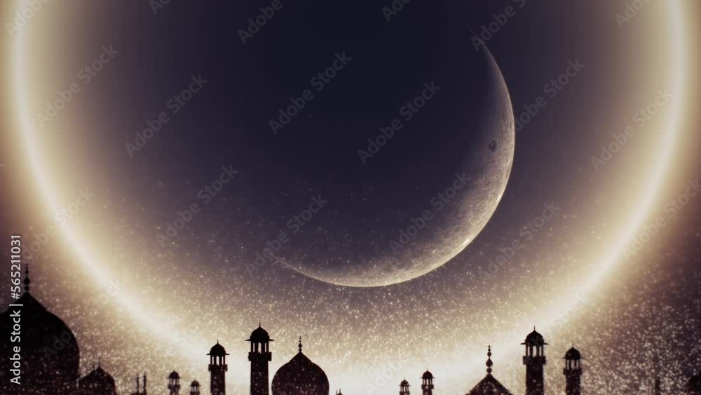 Wall mural ramadan light cycle on dark background loop. 3d rendering. silhouette of taj mahal with cycle light 