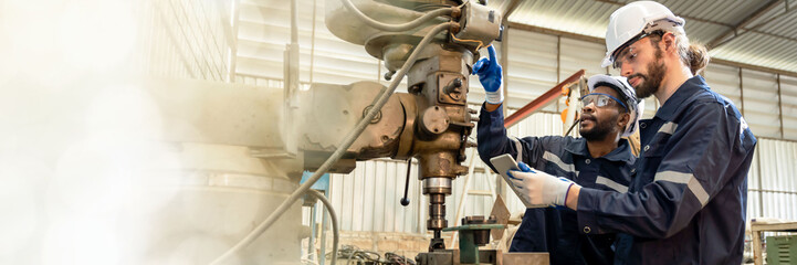 Banner Team man of engineers practicing maintenance Taking care and practicing maintenance of old...