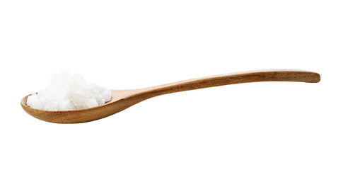 Sea salt on wooden spoon isolated on transparen png.