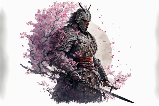 Samurai and Cherry Blossom Watercolor