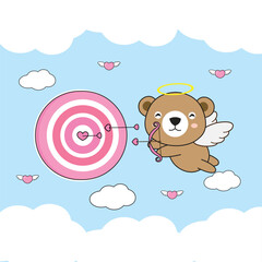 Valentine's Day greeting card .Cute Bear Cupid  shoots an arrow at a target.