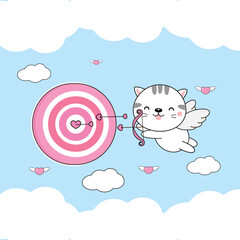 Valentine's Day greeting card .Cute Cat Cupid  shoots an arrow at a target.