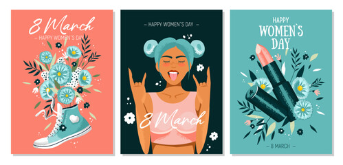 Beautiful trendy set of greeting cards for 8 March. International Women's Day. Teenage girl, with flowers and women's lipstick. Stylish flat graphics and original design
