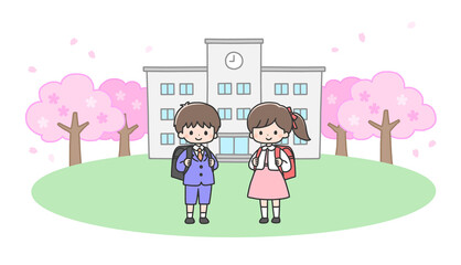 入学式　校舎の前に立つ新一年生の男の子と女の子