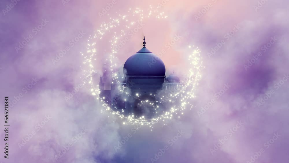 Wall mural clouds with glitter crescent moon and taj mahal loop. 3d rendering. clouds with glitter crescent moo