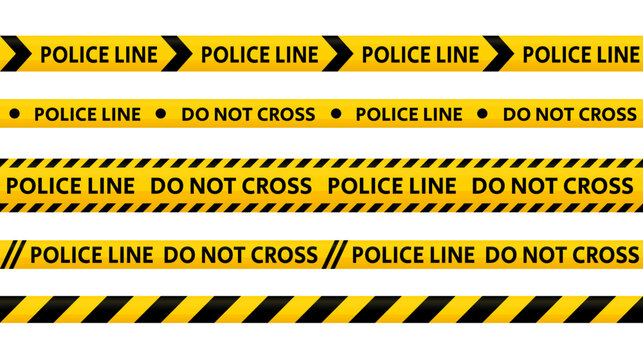 Police line do not cross tape set. Yellow and black caution stripes collection. Danger area or crime scene zone stripes background. Repeating vector 