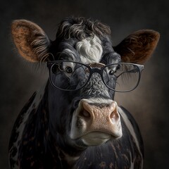 Funny cow with sunglasses in front of black studio backdrop. Generative AI.