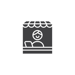 Store, front office glyph vector icon. Man using laptopStore, front office glyph vector icon. Man using laptop