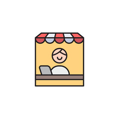 Store, front office filled color vector icon. Man using laptop