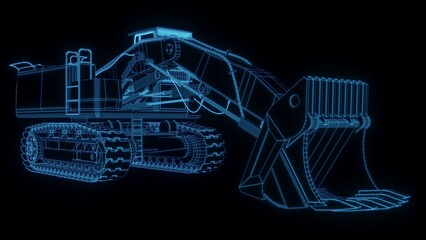 3D rendering illustration excavator blueprint glowing neon hologram futuristic show technology security for premium product business finance  