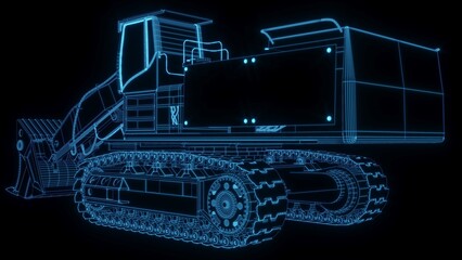 3D rendering illustration excavator blueprint glowing neon hologram futuristic show technology security for premium product business finance  