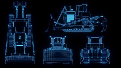 3D rendering illustration excavator blueprint glowing neon hologram futuristic show technology security for premium product business finance  