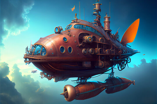 A large red flying machine floats above the clouds. Digital art style, generative AI illustration