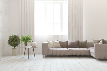 White living room with sofa. Scandinavian interior design. 3D illustration