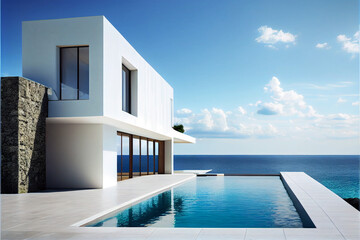 A beautiful residential villa. Modern architecture with swimming pool and sea view. Generative AI illustration