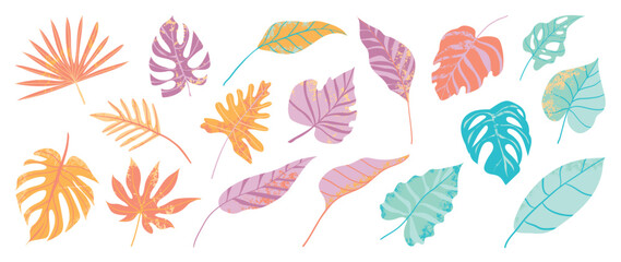 Hand painted tropical leaves vector set. Botanical exotic earth tone color foliage, palm leaves with grunge painting style isolated on white background. Design for cosmetic, product, spa, decoration.