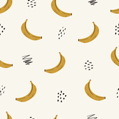 Obraz na płótnie Canvas Creative kids seamless pattern with bananas. Bright and juicy summer print is perfect for baby textiles, accessories and scrapbooking. Cartoon yellow bananas and doodles. Boho style.