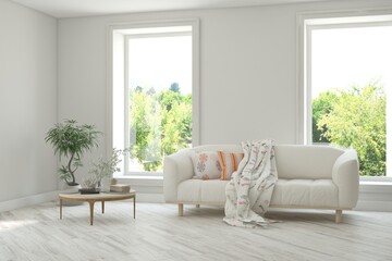 Minimalist living room in white color with sofa and summer landscape in window. Scandinavian interior design. 3D illustration