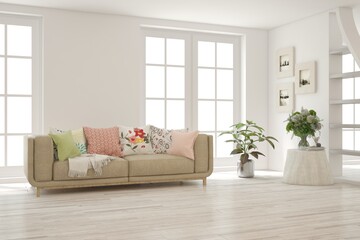 Fototapeta premium White living room with sofa. Scandinavian interior design. 3D illustration