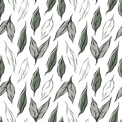 Hand drawn tea leaf seamless pattern in grey and pale green color shades
